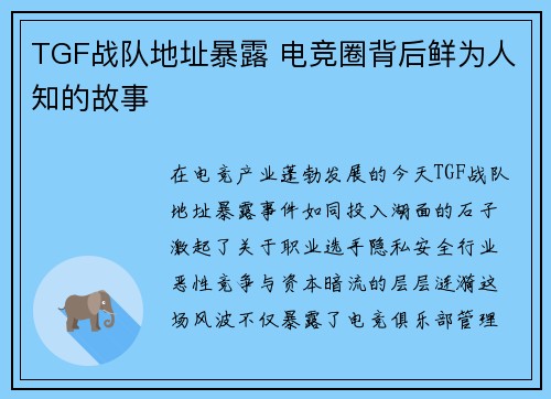 TGF战队地址暴露 电竞圈背后鲜为人知的故事