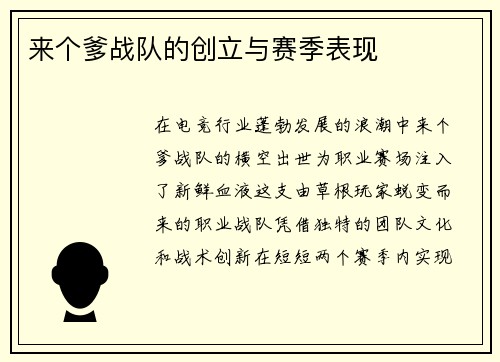 来个爹战队的创立与赛季表现