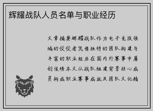 辉耀战队人员名单与职业经历