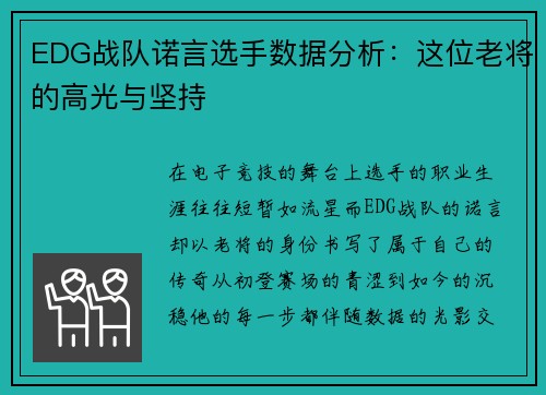 EDG战队诺言选手数据分析：这位老将的高光与坚持